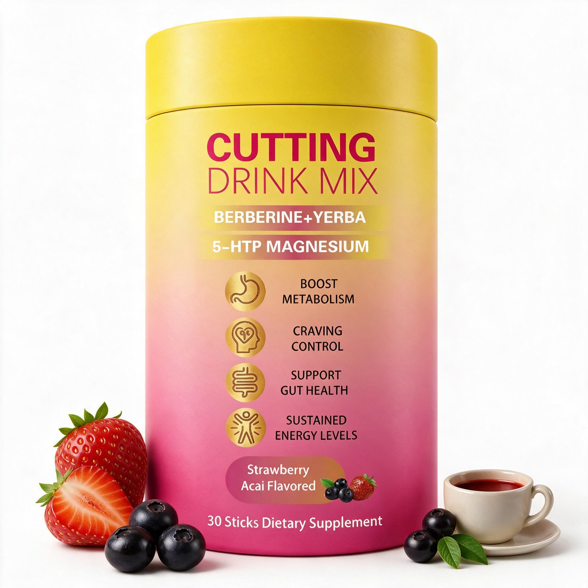 Cutting Drink Mix – Berberine Supports Healthy Digestion,Energy & Gut Health with Magnesium,Yerba Mate & 5-HTP,Vegan,Sugar-Free,Non-GMO,Strawberry Acai Flavored – 30 Sticks