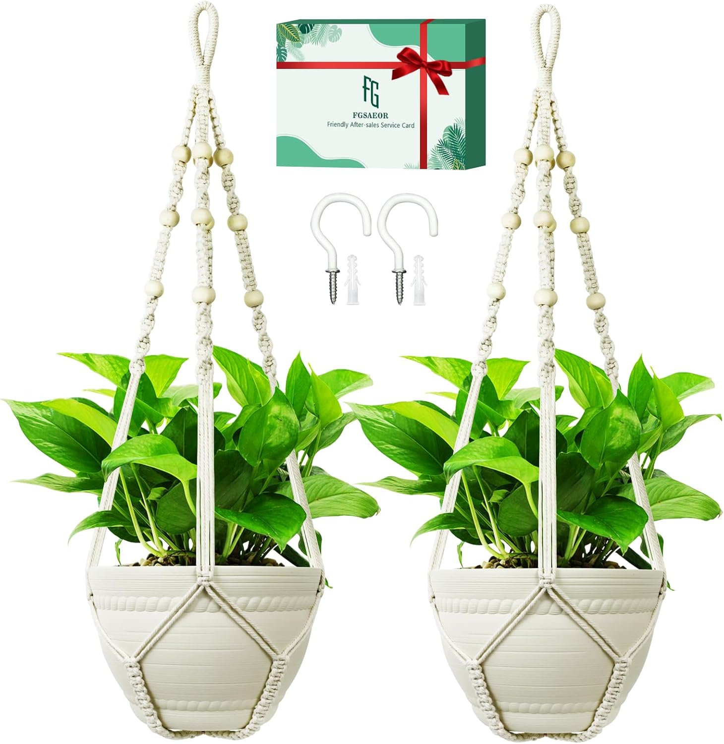 FGSAEOR Macrame Hanging Plant Holder Basket - 35" Extra Long, Fits 3-15" Pots Up to 20lbs, Boho Ivory 2-Pack Indoor Outdoor Decor