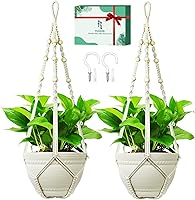 FGSAEOR Macrame Hanging Plant Holder Basket - 35" Extra Long, Fits 3-15" Pots Up to 20lbs, Boho Ivory 2-Pack Indoor Outdoor Decor