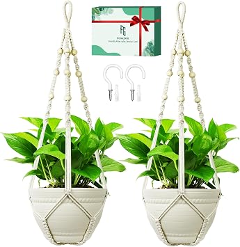 FGSAEOR Macrame Plant Holder Basket, Hanging 3-15 inch Pot, Bearing 20lb Planters, 35 Inches Extra Long Strong Boho Home Indoor Outdoor Decor 2-Pack Ivory