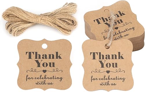 Etiquetas de baby shower, etiquetas de regalo de papel para boda, agradecimiento por celebrar con nosotros, 100 etiquetas de agradecimiento Kraft