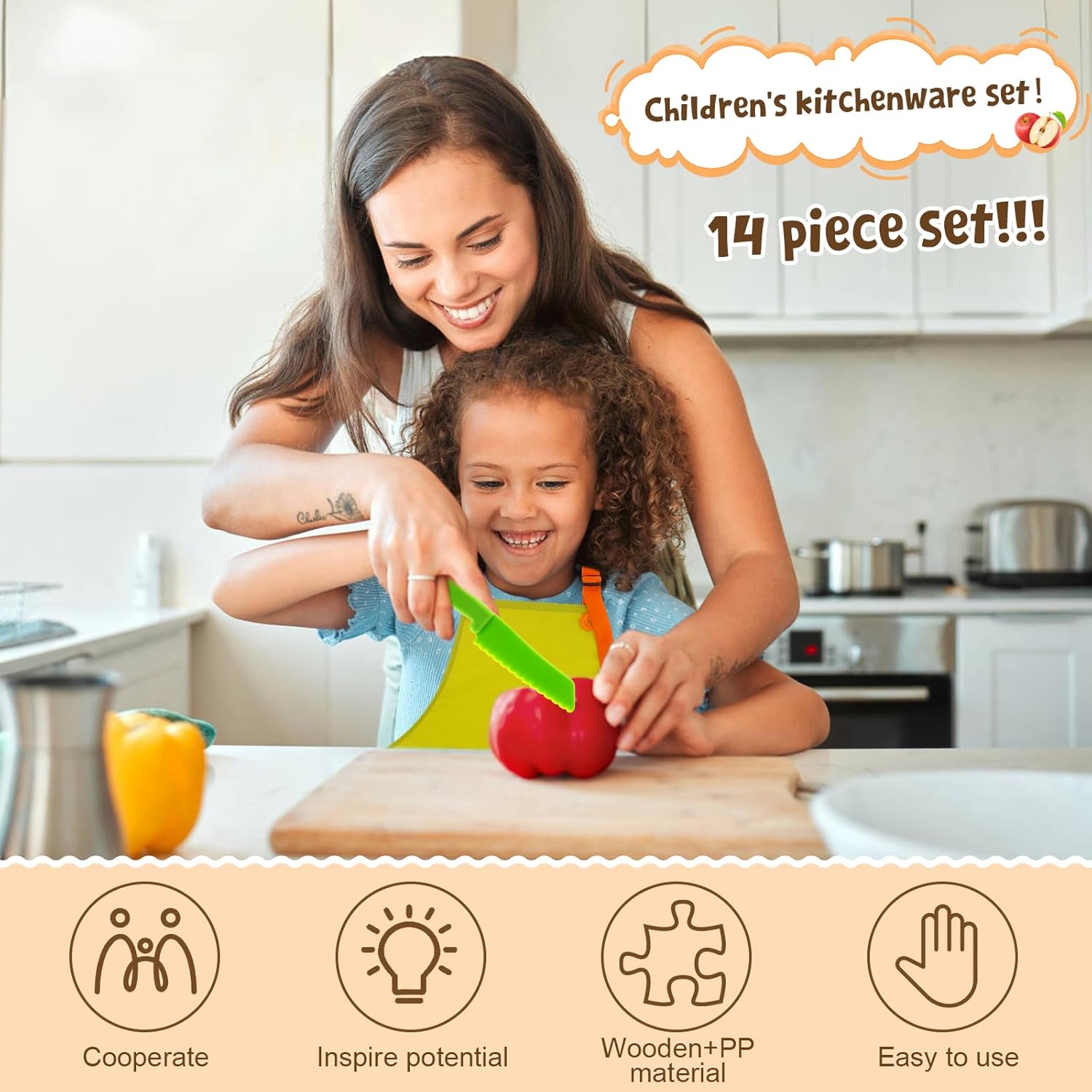 Kids Safe Knife Set, 14 Pieces Montessori Kitchen Tools for Toddlers Kids Cooking Sets, Toddler Knife for Real Cooking with Safe Knives/Kids Cutting Board/Peeler/Apron (14 pcs)