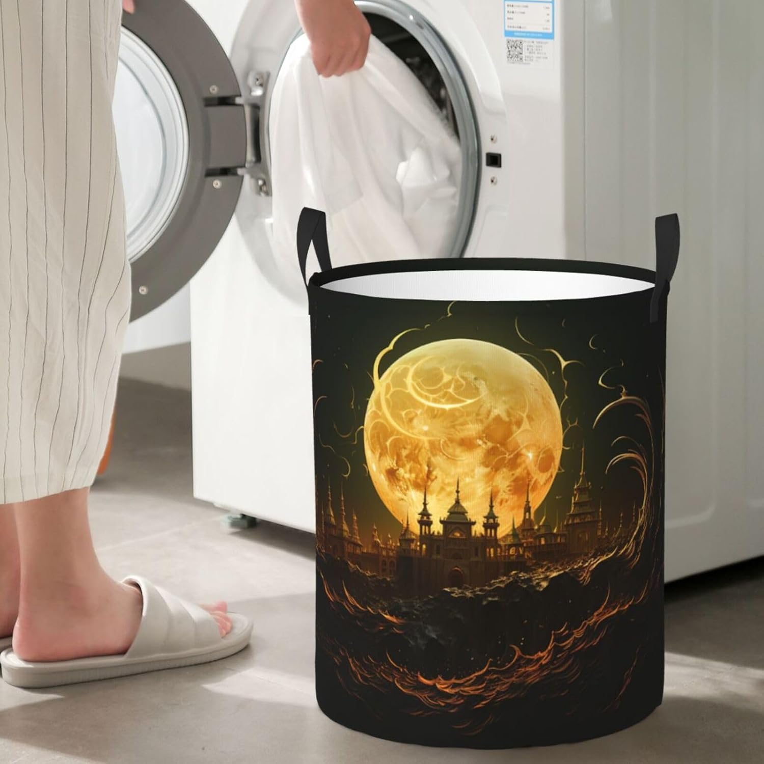 Golden moon Laundry Basket With Handles, Foldable Laundry Hamper Oxford Cloth Dirty Clothes Basket Waterproof Clothes Toys Storage Bin Organizer for Bedroom Bathroom Dorm