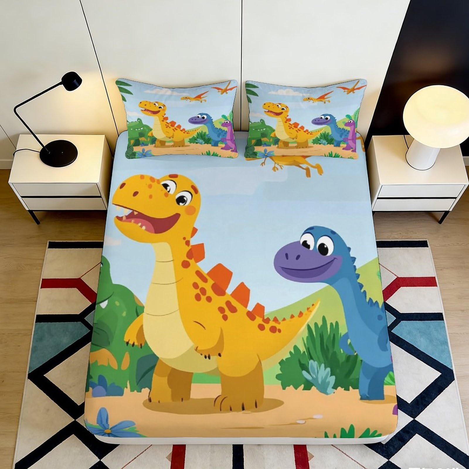 Uynsixtme Style-4 3D Printed Cartoon Dinosaur Fitted Sheet Microfiber Deep Pocket Non-Slip Bedroom Bedding Dinosaur Mattress Fitted Cover For All Ages 200X200x25cm