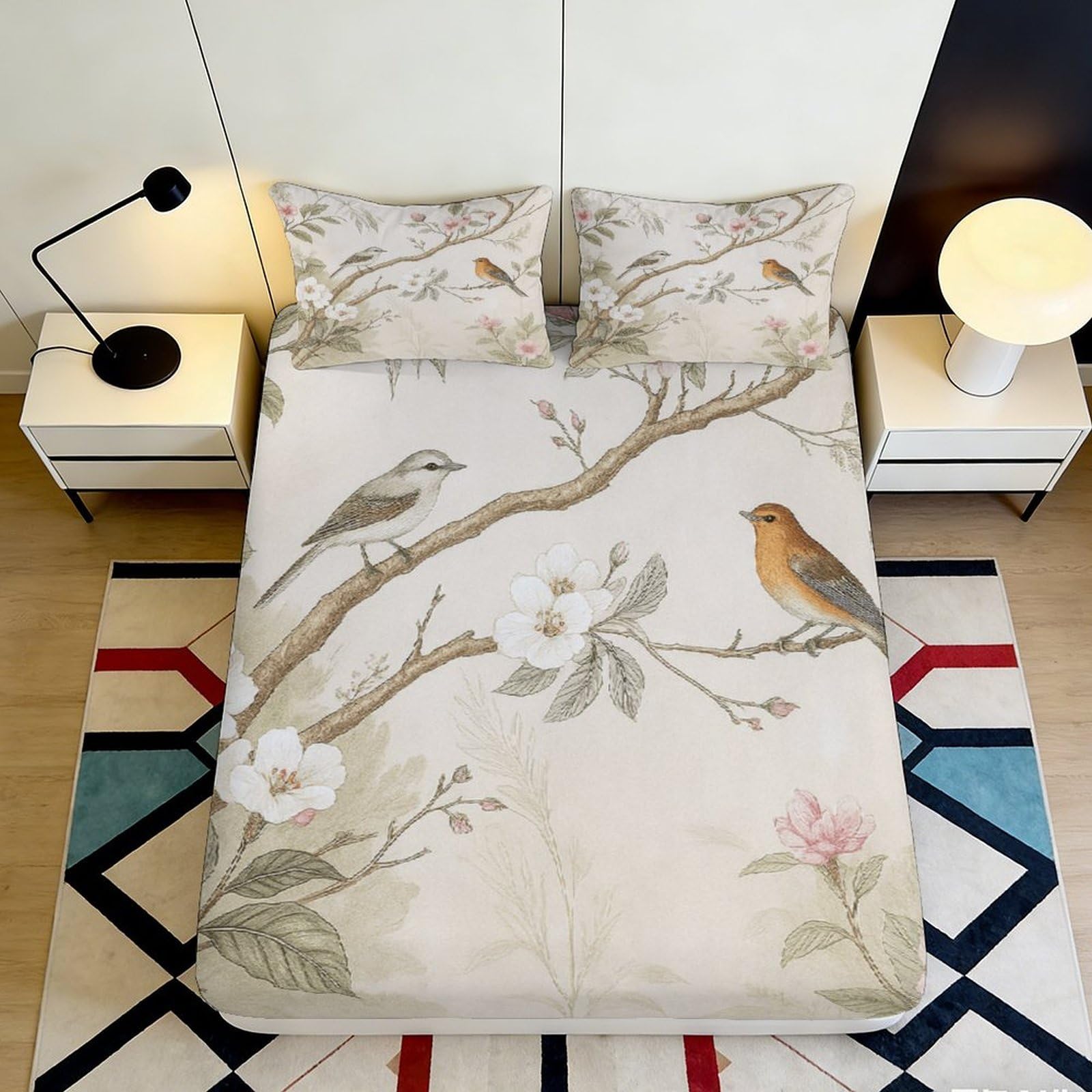 3D Printed Bird Branch Fitted Sheet Microfiber Soft Floral Bed Cover for Bedroom Guest Room Mattress Decor 90x200x25cm