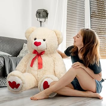 BEJOY Giant Teddy Bear 91cm Stuffed Animal Large Bear Plush with Red Heart | Big Teddy for Girlfriend and Kids Valentine's Day 36 inch Beige