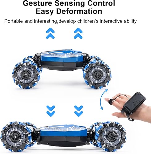 Miniatura 5 de Auto de acrobacias a control remoto, 2.4 GHz, 4WD, sensor de gestos, auto de juguete con control remoto de mano con luz giratoria de 360 y música,