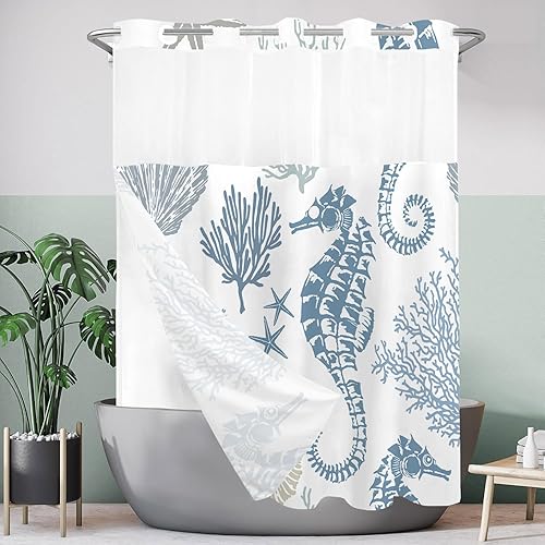 Miniatura 4 de Nautical Beach - Cortina de ducha sin gancho con forro a presión, cortina de ducha costera con forro de estrellas de mar, conchas marinas, coral con