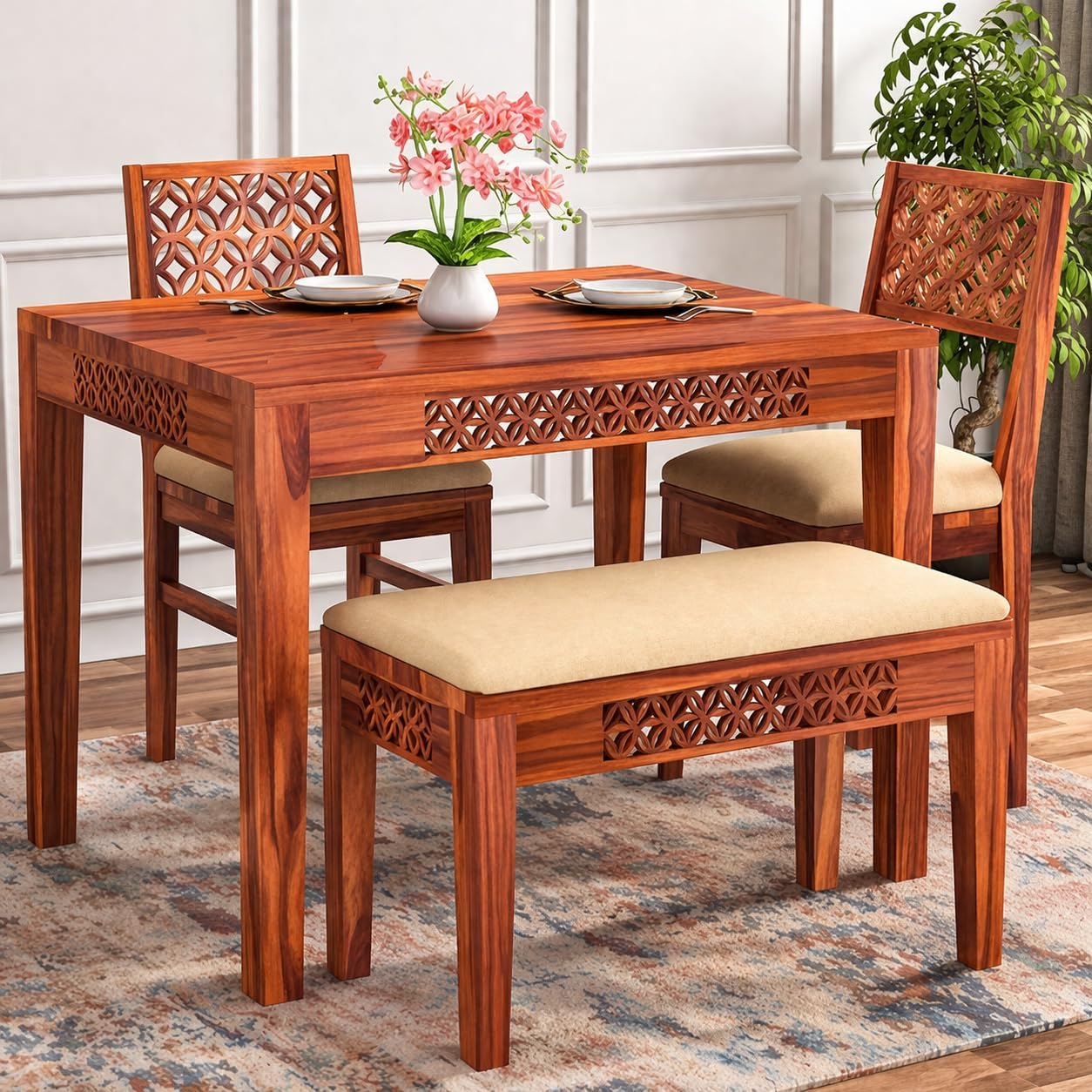 BN Furniture Solid Sheesham Wood Dining Table Set with Cushioned Chairs for Dining Room | Living Room | Hotels & Restaurants | Home & Office (Brown 11, 4 Seater)-image-33