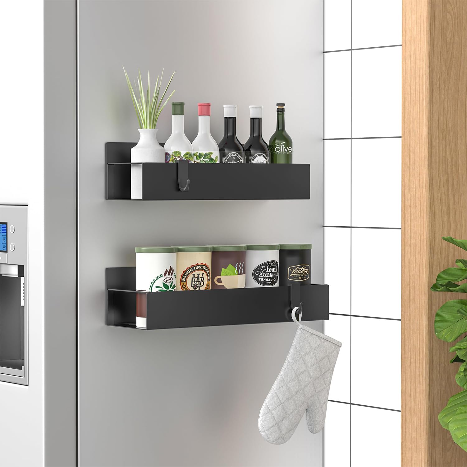 SURPRIZON Magnetic Spice Rack for Refrigerator, Moveable Magnetic Shelf for Fridge, Black Metal Strong Magnetic Spice Organizer with Hooks for Kitchen Refrigerator Microwave Oven