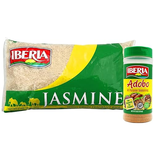 Iberia Adobo - Condimento multiusos, sin pimienta, 16 onzas + arroz Iberia Jasmine 2 lb.