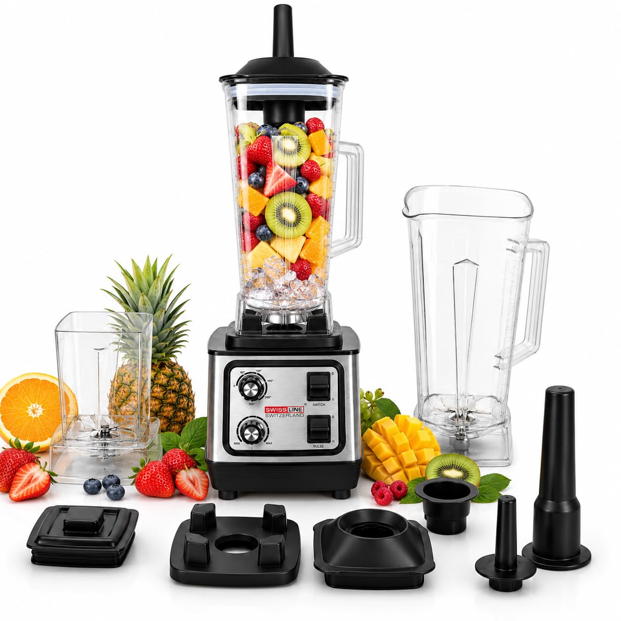 Swiss Line - Batidora profesional de 2,0 L, batidora multifunción con cuenco graduado, cuchillas inox, ajuste de velocidad y pulso, para batidos, salsas, purés, sopas frías y helado picado