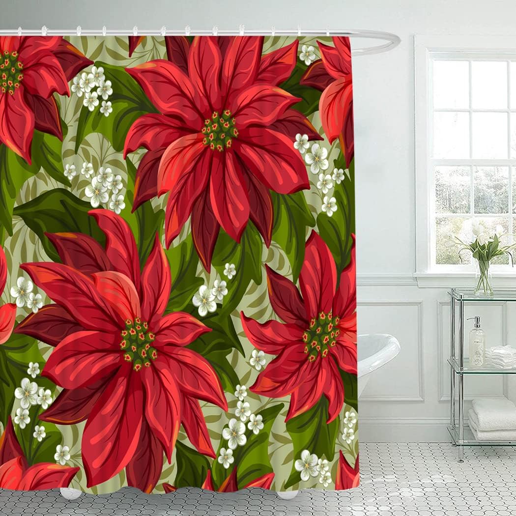 4 Piece Christmas Poinsettia Flower Shower Curtain Waterproof Red Christmas Wonderful Victorian Pointsetta Bathroom Sets with Non-Slip Rugs, Toilet Lid Cover and Bath Mat with Standard Size