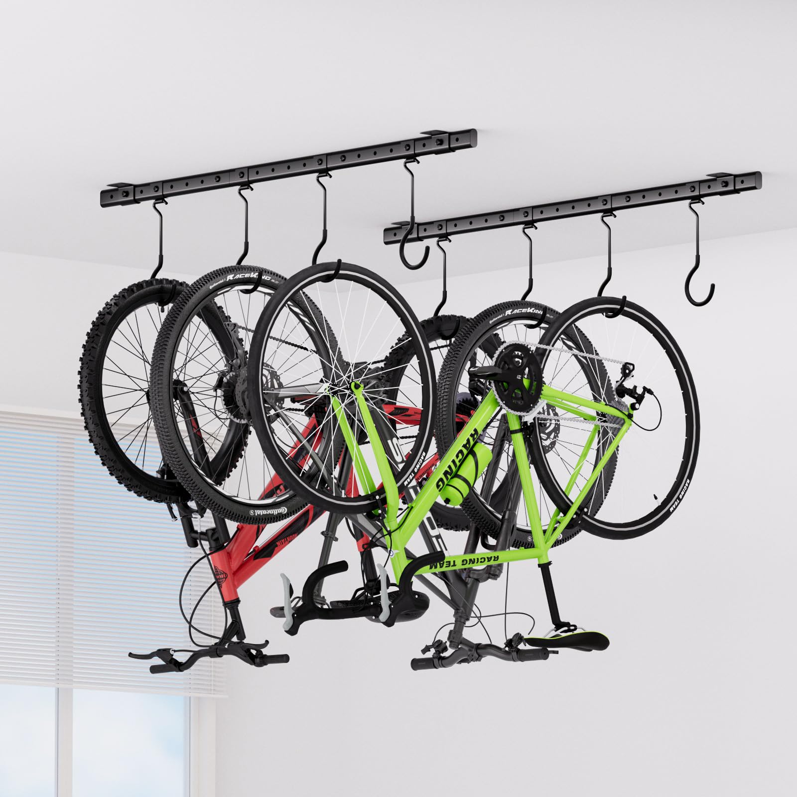 Fahrrad Deckenhalterung für Garage, 2 Schienen Mit 8 Haken, Schwarz | Fahrradaufhängung Decke für Bis Zu 4 Fahrräder, Stabiler Stahlbau, Platzsparende Fahrradaufbewahrung für Schuppen & Werkstatt