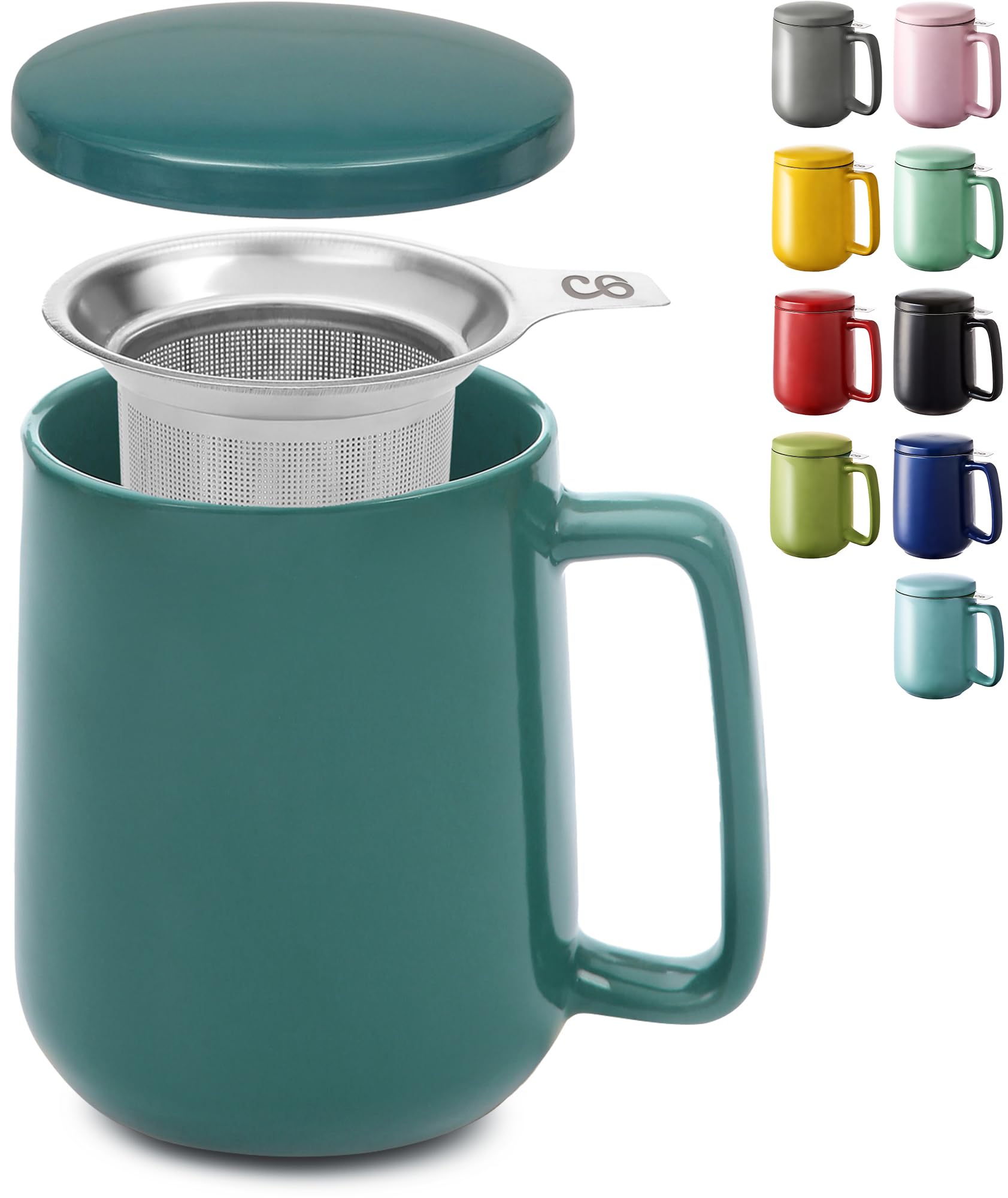 Tazza Da T&egrave; Con Filtro E Coperchio 400ml - Ceramica, Lavabile In Lavastoviglie, Per Infusi (Blu)