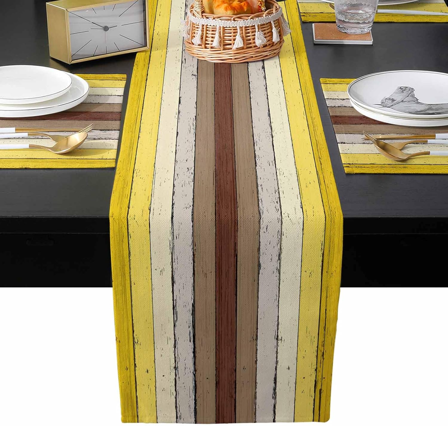 Yellow Brown Wooden Placemats Set of 4 with 72 Inches Long Table Runners, Vintage Rustic Farmhouse Wood Plank Linen Dining Table Runner Mats, Burlap Kitchen Autumn Tablerunner and Placemat Set