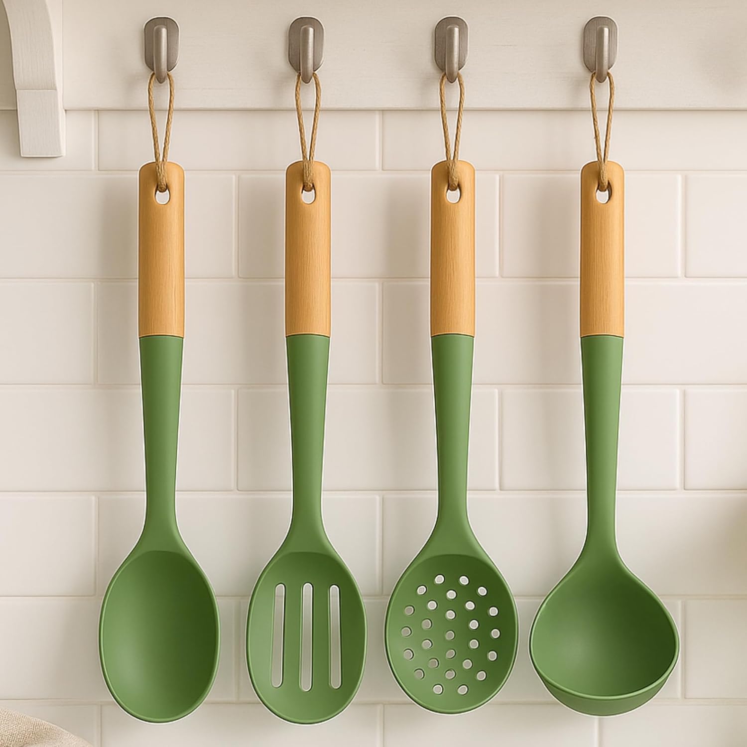 Beille 4pc Beech Wood and Silicone Kitchen Utensils Cooking Spoon Set Meal Prep Baking Supplies Home Essentials, Olive Green