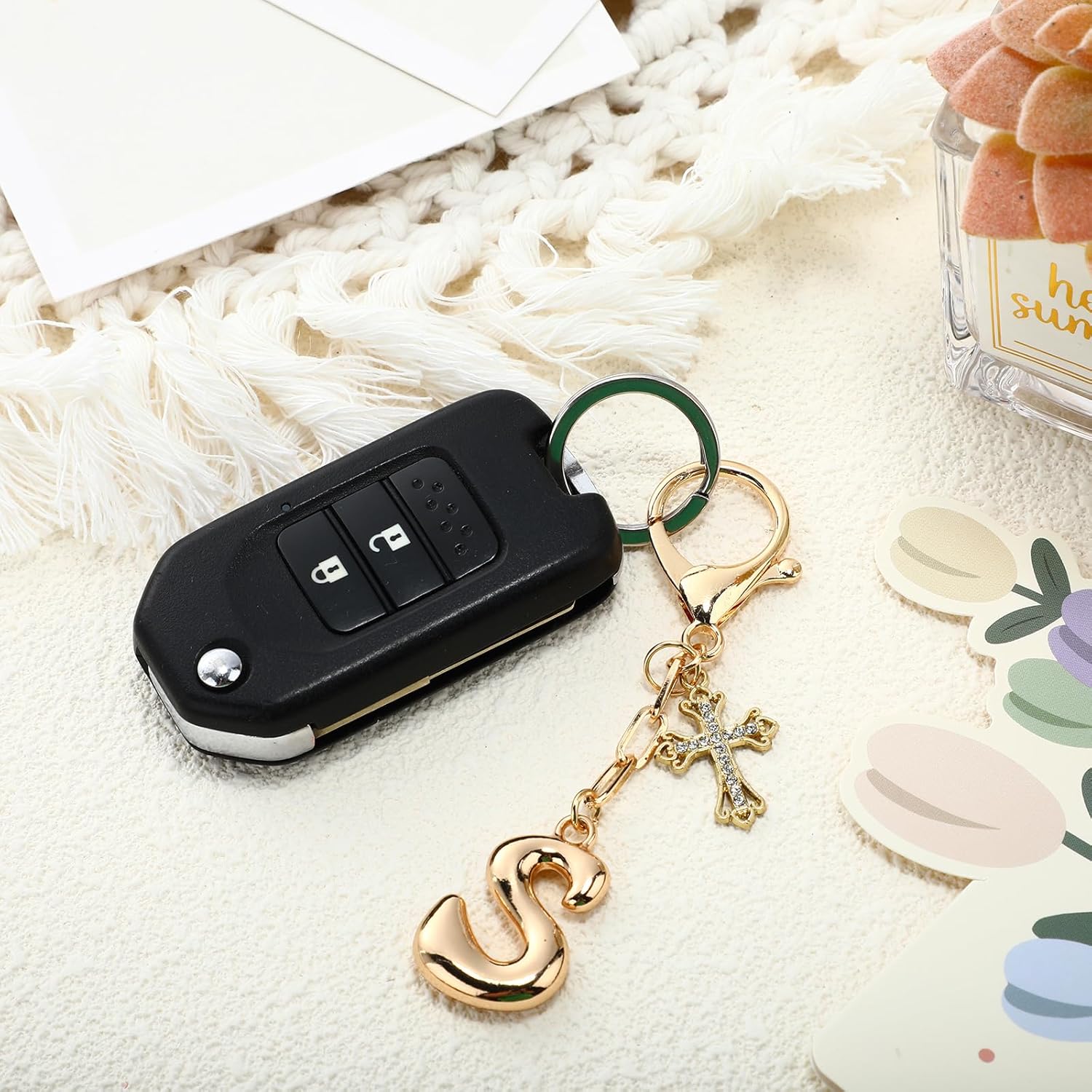 Bubble Initial Keychain with Cross - Gold Letter Bag Charms for Women, Cute Purse Charms & Handbag Accessories - Image 6