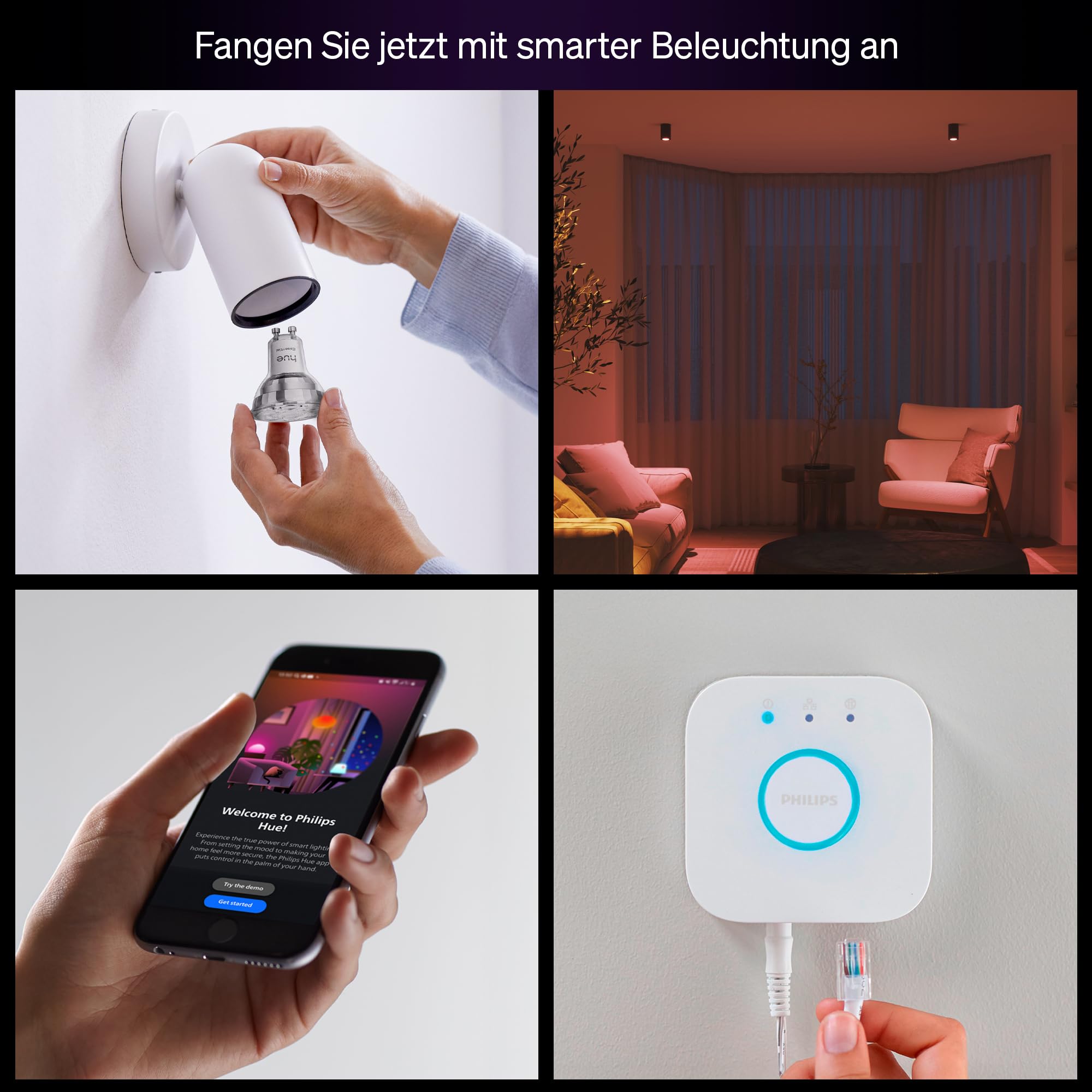 Philips Hue Essential Starter-Set: Bridge + 3 Essential GU10 Smart Leuchtmittel + Smart Button, White und Color Ambiance LED Licht, 2200-6500K, dimmbare LED Lampen, steuerbar mit Sprachassistenten