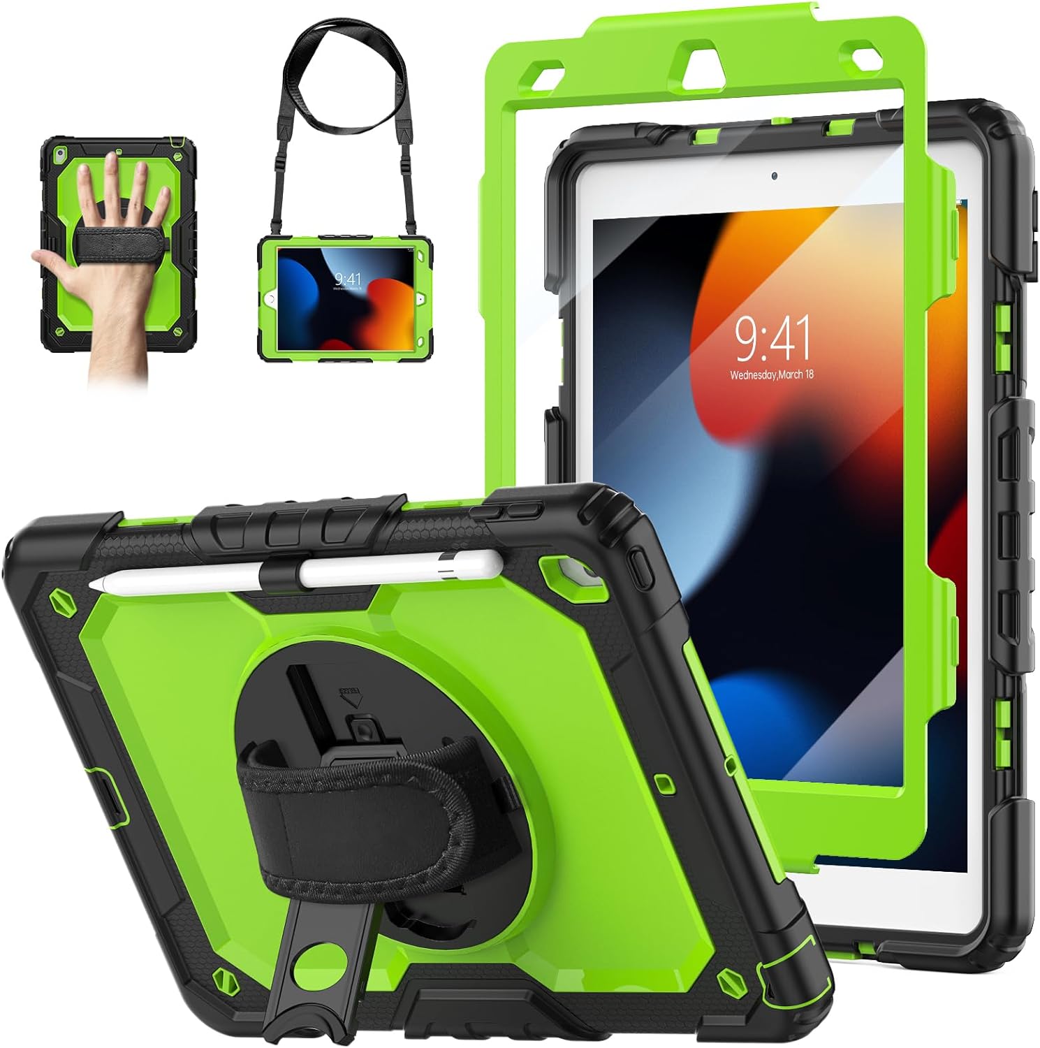 Case for iPad 9th/ 8th/ 7th Generation 10.2'' with Screen Protector Pencil Holder, 360 Rotating Hand Strap & Stand, Protective Case for iPad 10.2 inch 2021/2020/2019 (Green/Black)