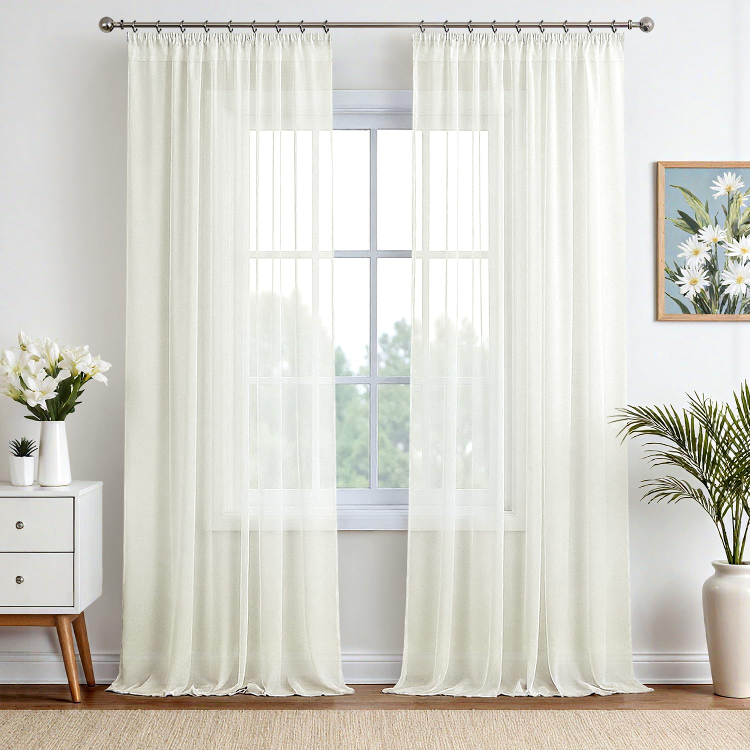 EMEMA Gardinen Vorhänge mit Kräuselband Vorhang Transparente Gardine aus Einfarbig Transparent Sheer Voile Wohnzimmer Luftig Dekoschal für Schlafzimmer 2er Set 245 x 140cm (H x B) Elfenbein