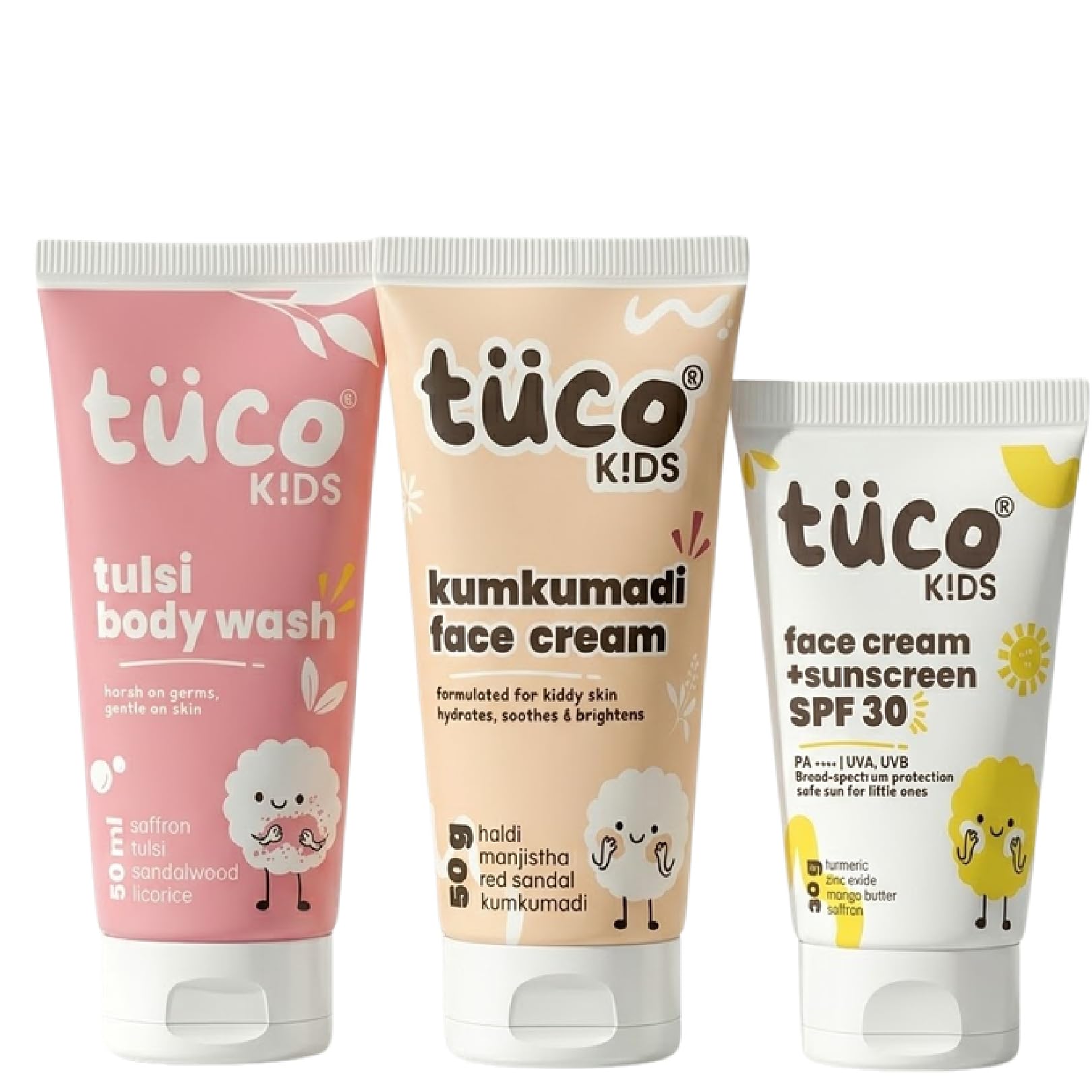 Tuco® Kids Travel Skincare Kit | Shower Gel + Kumkumadi Face Cream + SPF 30 Sunscreen | Saffron, Basil & Coconut Oil | Paraben & Sulphate Free | For Boys & Girls | Ages 3-15 | 3-in-1 Set-image-8