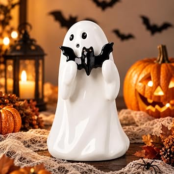 Halloween Cute Ghost Figurine with Black Bat Resin Mini Ghost Statue for Spooky Home Decor, alloween Ghost Decor for Table, Shelf, Desk, Mantel