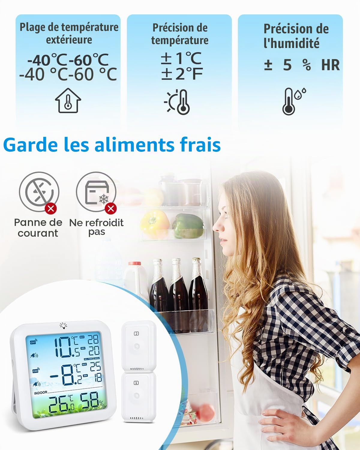 Brifit Thermometre Frigo, Thermomètre Congélateur avec 2 Capteurs, Thermometre Réfrigérateur à Écran Couleur avec Alarme, Commutateur ℃/℉, MIN/MAX, Rétroéclairage Blanc pour Cuisine, Restaurants