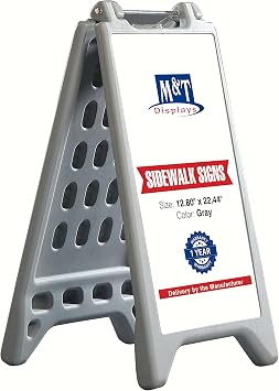 M&T Displays Floor Standing A-Frame Plastic Sign Holder Double Sided Street Sidewalk Sandwich Board Waterbase Advertising Poster Stand Outdoor Gray 12.80x22.44" for Pavement Store Retail Real Estate