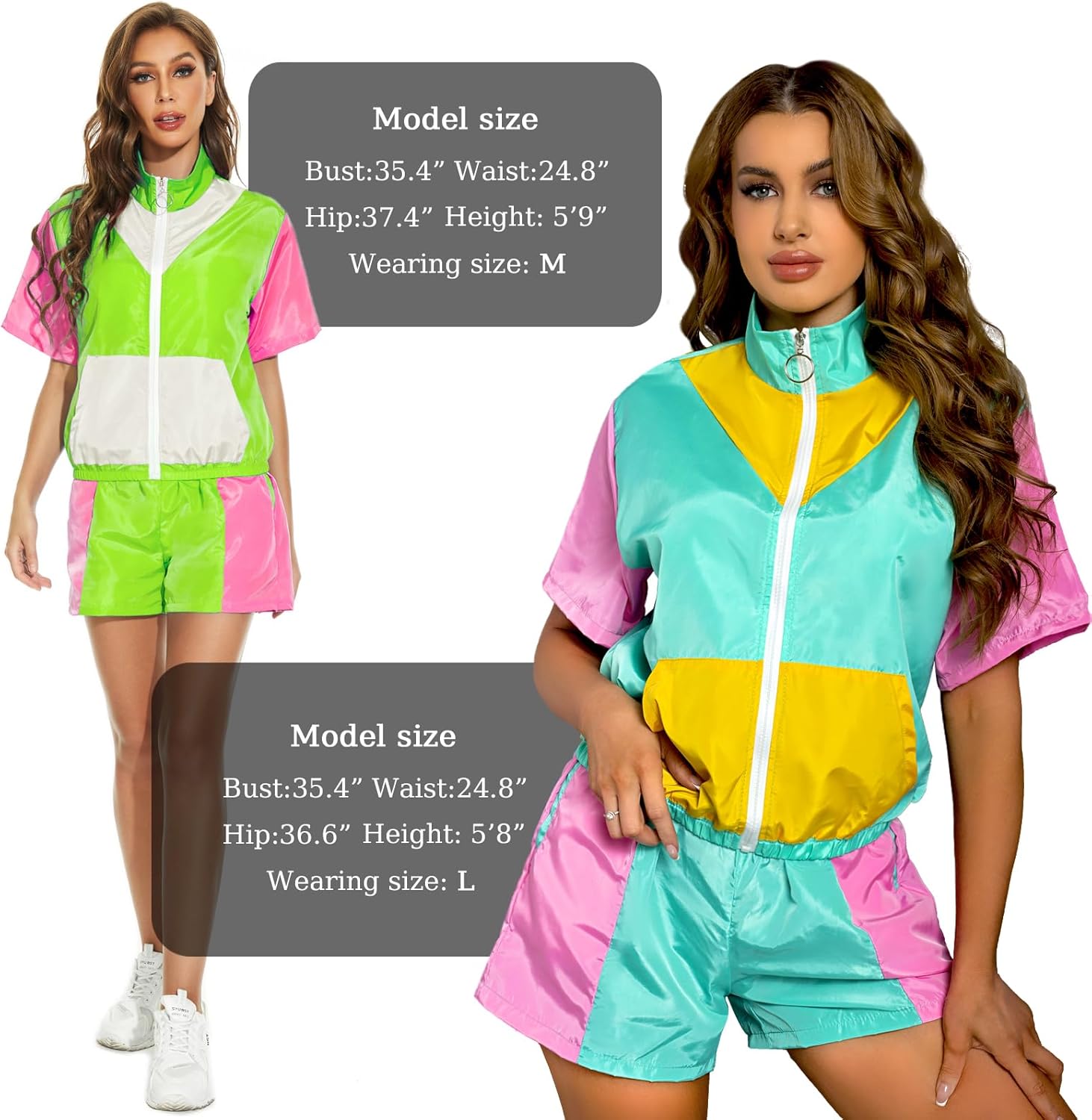 Size XL Yisfri Women's Color Block Windbreaker 2 Piece Outfits Short Sleeve Zip Front Elastic Waist Tracksuit Set