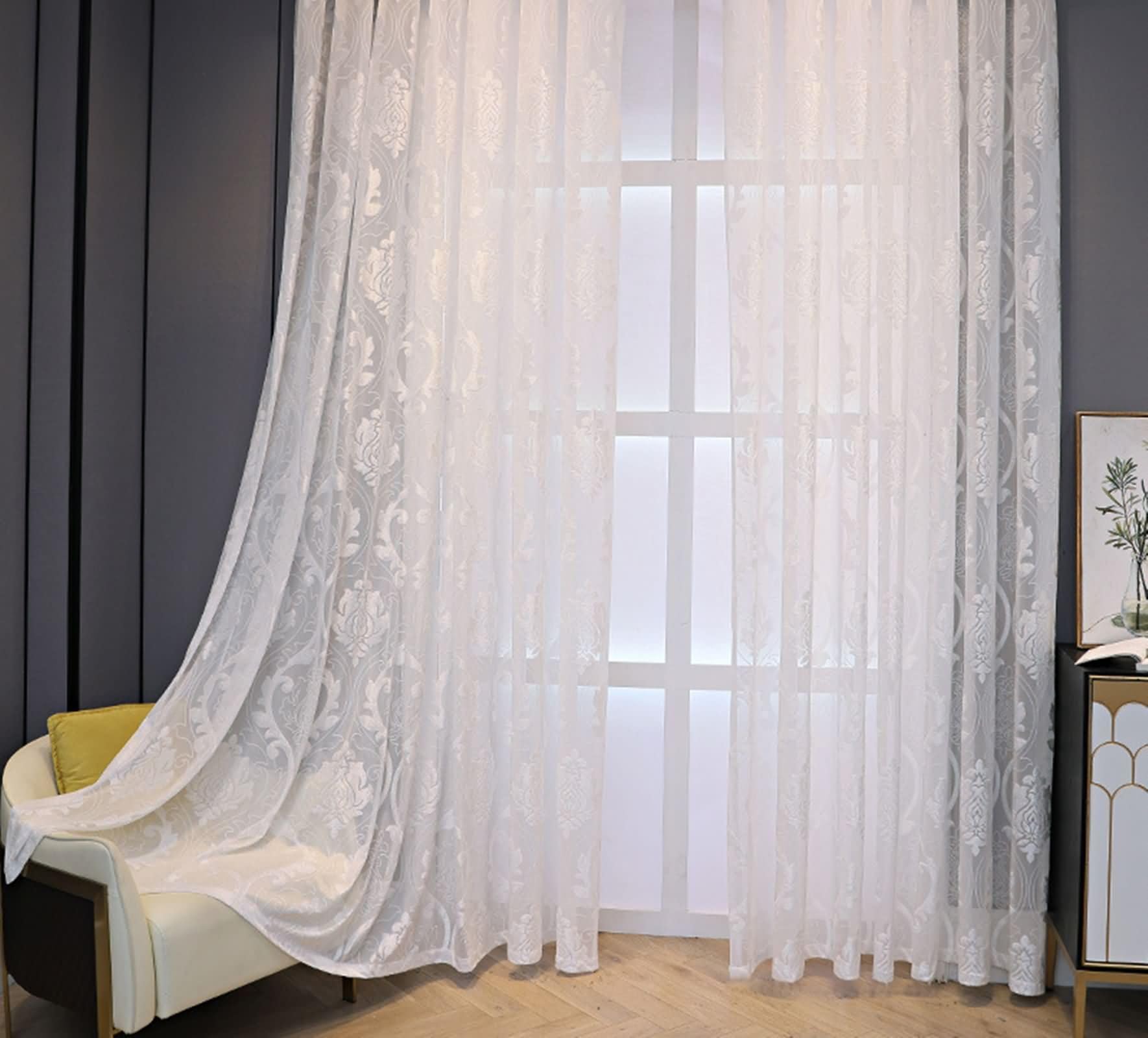 Rideaux transparents enfants lot de 2 voilages brodés fleurs blanches 86x138 cm avec crochets