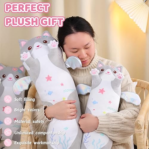 Miniatura 6 de AIXINI Almohada larga de felpa de gato gris de dibujos animados, suave juguete de peluche de gatito Kawaii para niños (gris, 19.7 pulgadas)