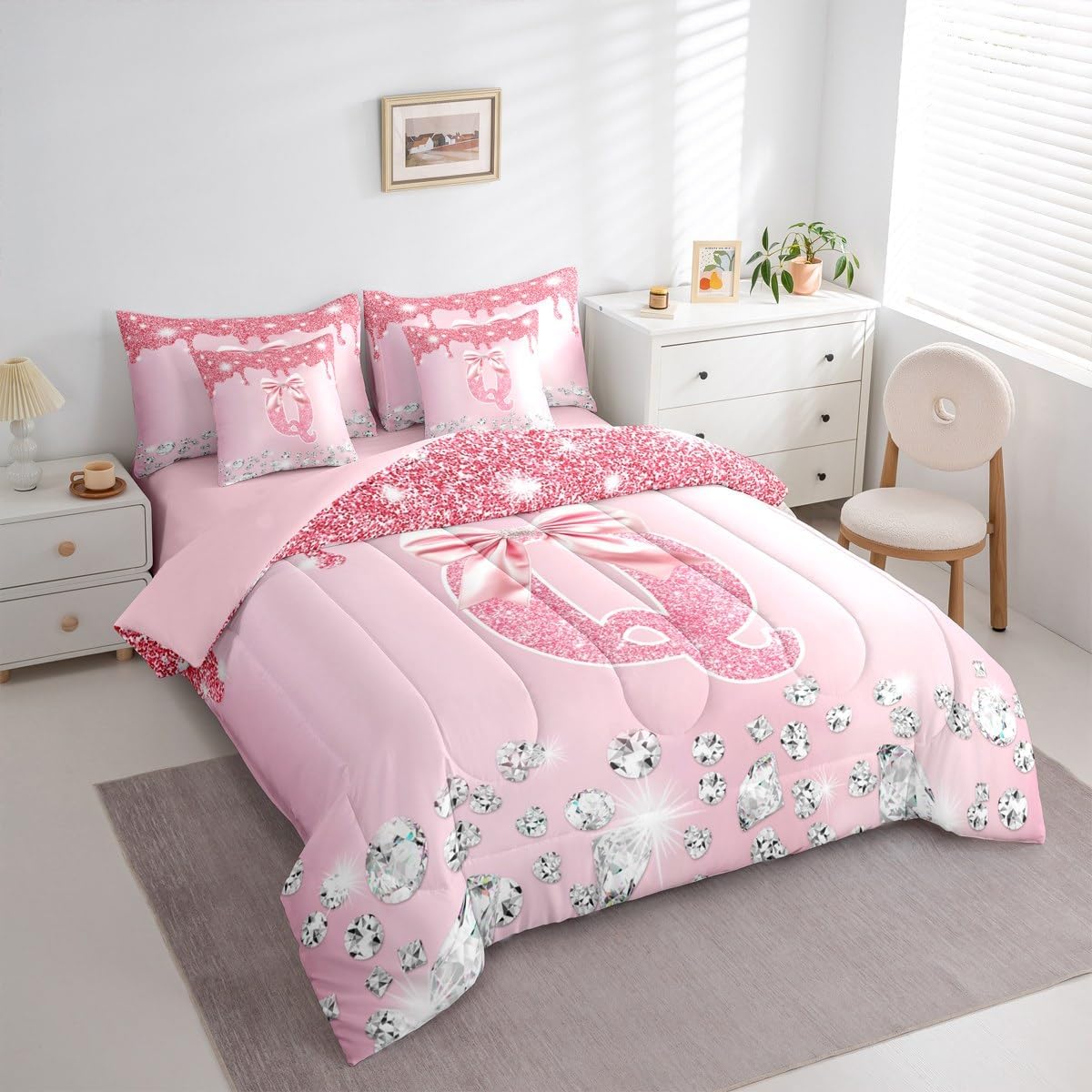 Erosebridal Cute Pink Bowknot Twin Bedding Set, Personalized Initial Q Bed in A Bag,Coquette Bow Comforter Sets with Sheets, Princess Monogrammed 7 Pieces Bed Set (NO Real Glitter Sequins)