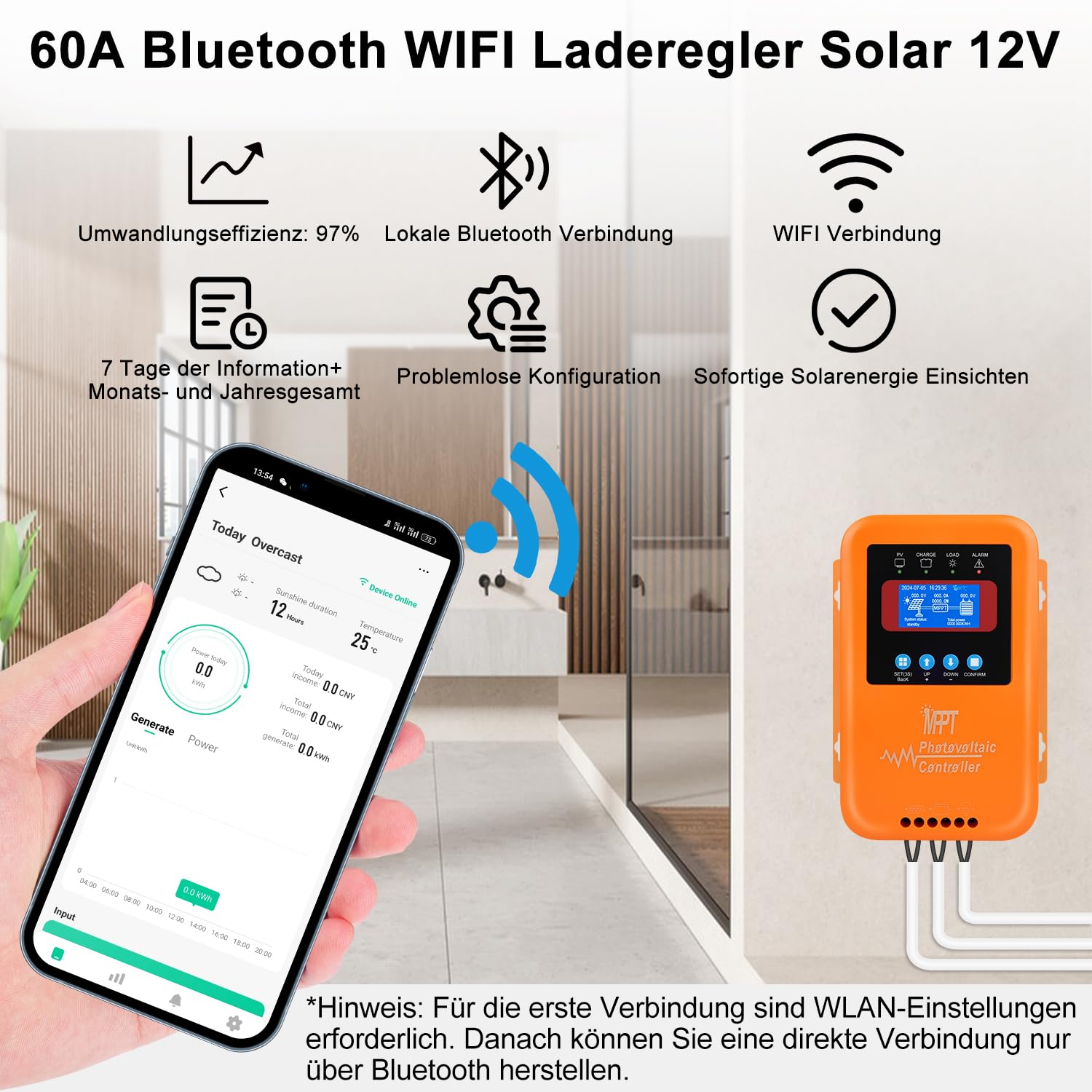 【60A Regulador MPPT Bluetooth WIFI】KWODE 60A 12V/24V/36V/48V Controlador de Carga Solar Regulador Solar MPPT Bluetooth WIFI Regulador de Carga para Ácido de Plomo, Gel,Fosfato,Turner, Litio Baterías