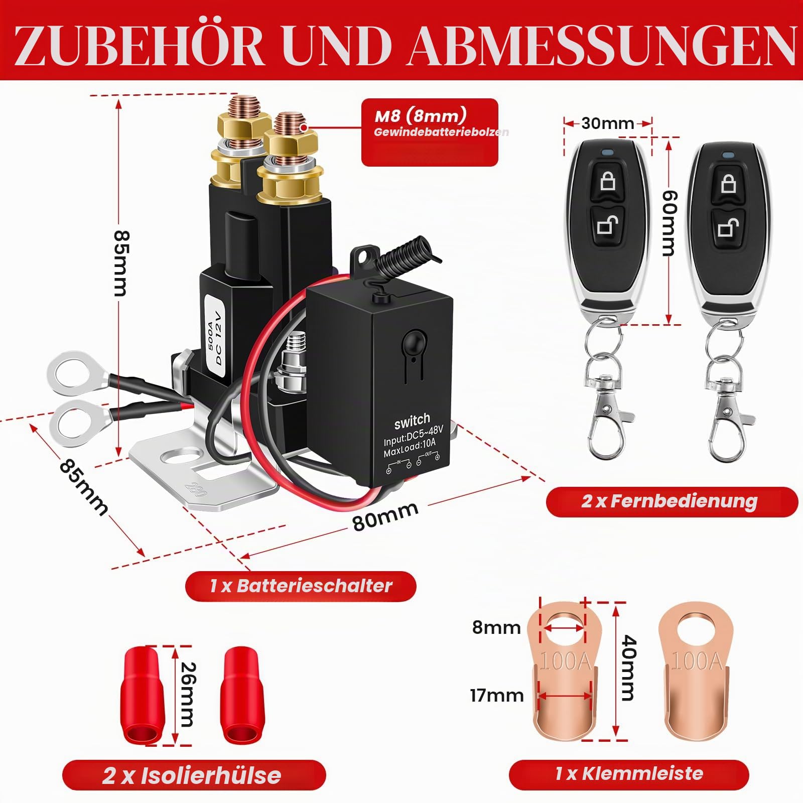 Loyala Batterie Trennschalter 12V Batterieschalter Auto Batterieschalter 12V 500A Batterie Schalter 12v Mit 2 Fernbedienungen für Auto LKW Motorrad Wohnmobil（500A）