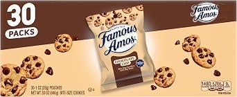 Famous Amos Classic Chocolate Chip Cookies, Bite-Size Crunchy Cookies, Sweet Treats for Sharing, 30 Pack Box, 1 oz Bag