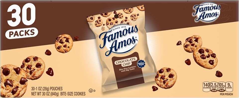 Famous Amos Classic Chocolate Chip Cookies, Bite-Size Crunchy Cookies, Sweet Treats for Sharing, 30 Pack Box, 1 oz Bag