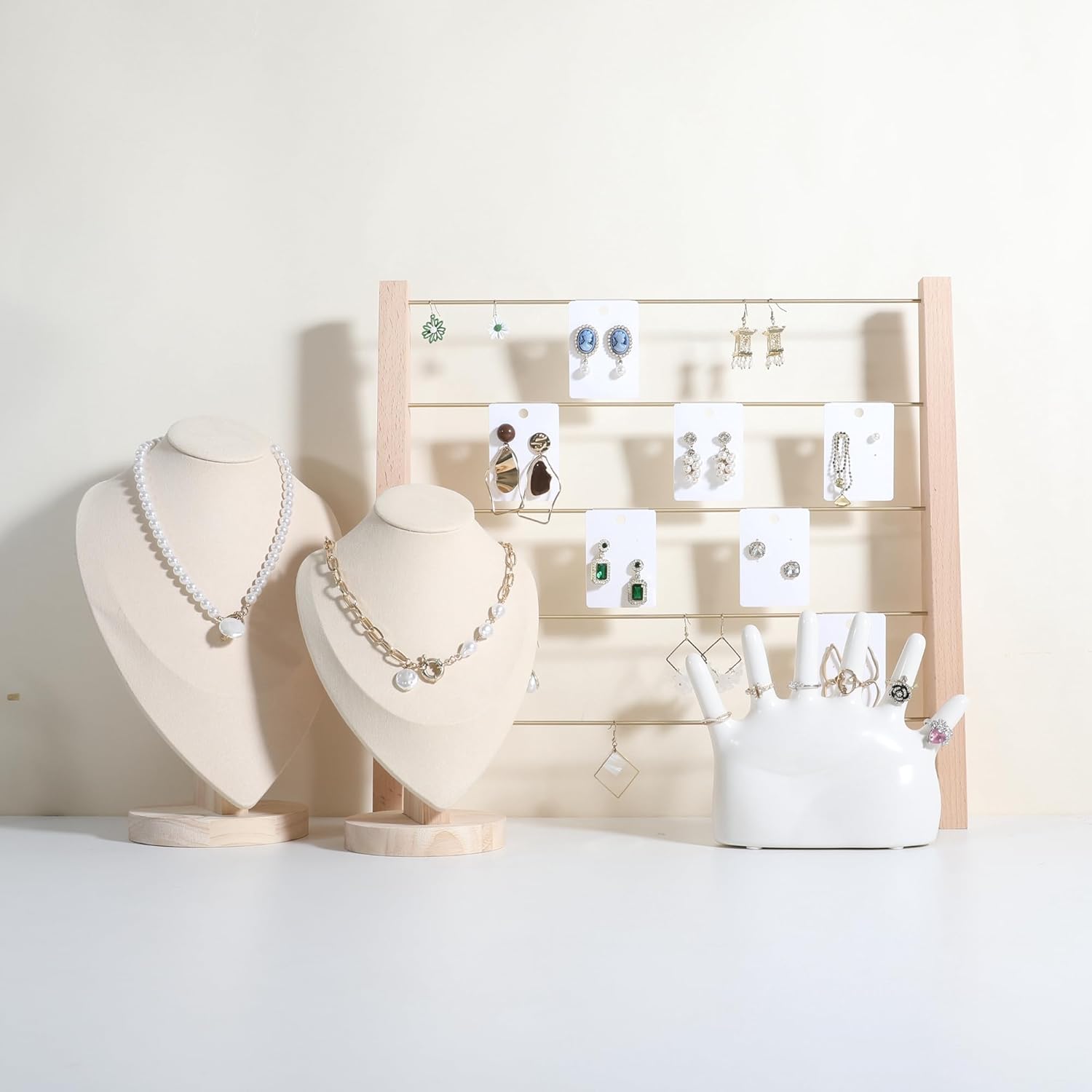 GemeShou 5 Tiers Beech Earring display stands for selling, Wooden Jewelry Shelf, Earring Storage Organizer, Brass earring holders with 30 PVC cards for stud Dangle Hoop【Beech 5-Tier】