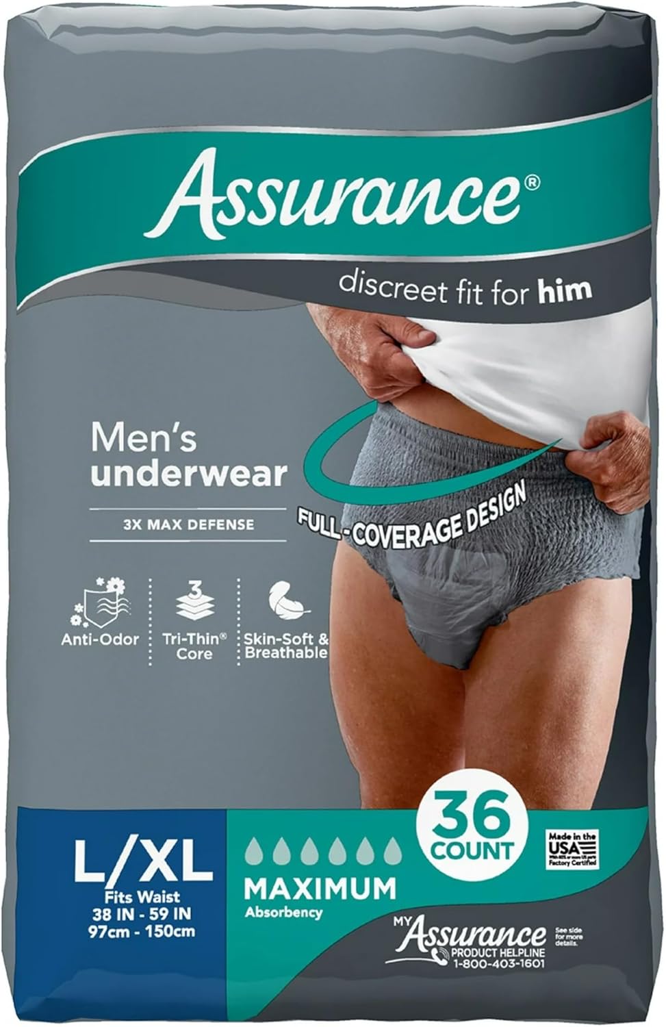 Men's Incontinence Underwear, L/XL, Maximum Absorbency (36 Count) New Gray Color