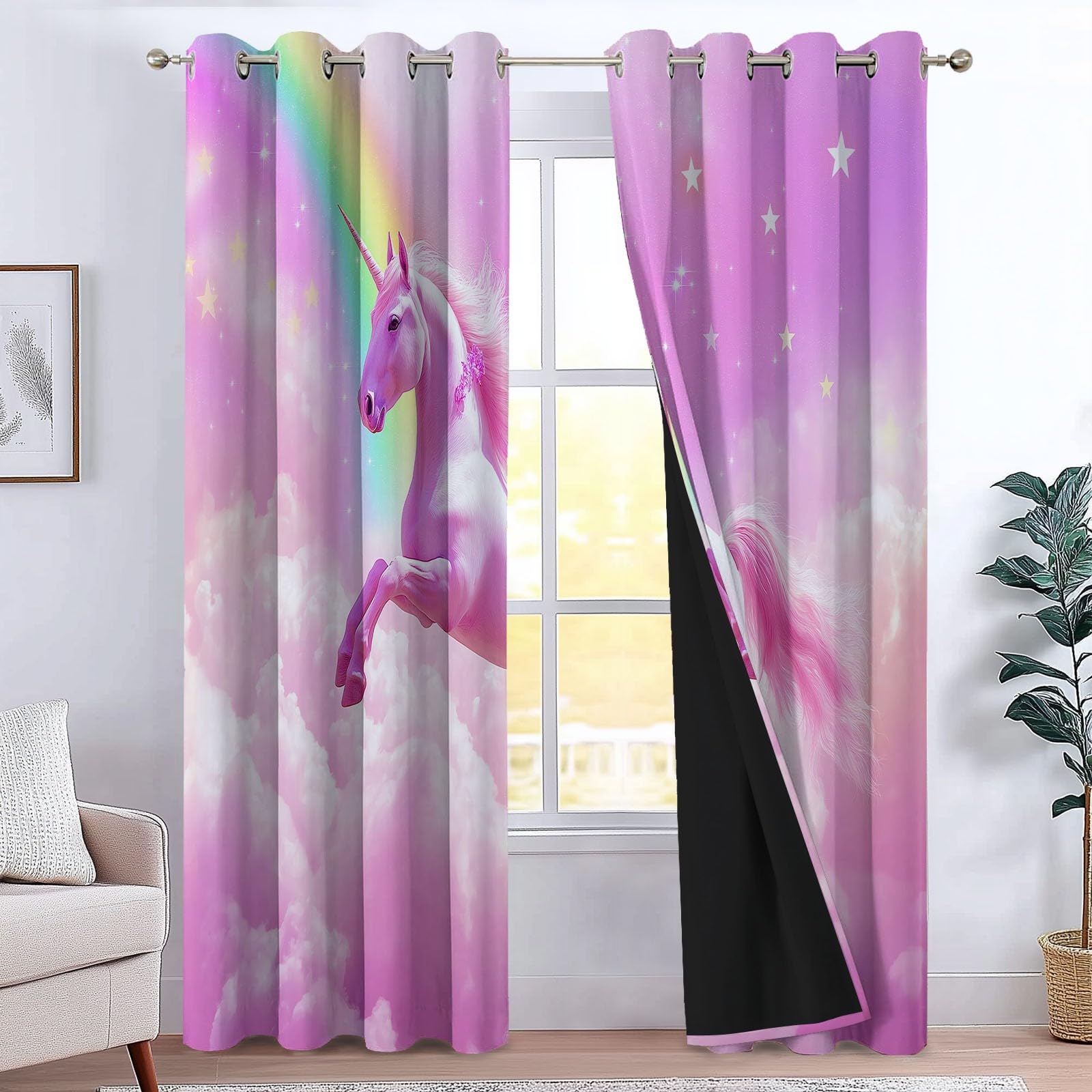 Rideaux Occultants Thermiques Licorne Arc-en-Ciel Violet, Rideaux Opaques à Œillets pour Salon et Salle à Manger, Isolation Thermique Moderne, L140 x H245 cm, Lot de 2