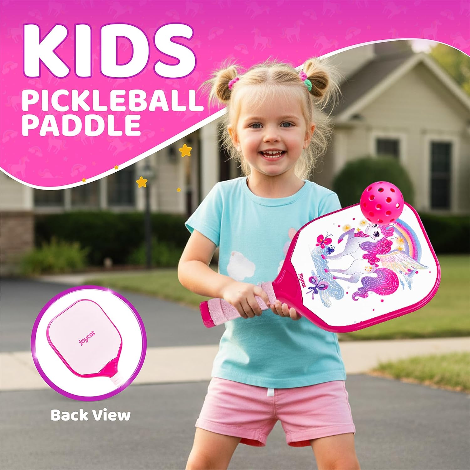 Joycat Kids Pickleball Paddles Set of 2, Lightweight Plastic Cute Pickleball Paddles with Small Grip, 2 Pickleballs, 1 Drawstring Bag,Indoor Outdoor Sport Gift for Kids,Beginner