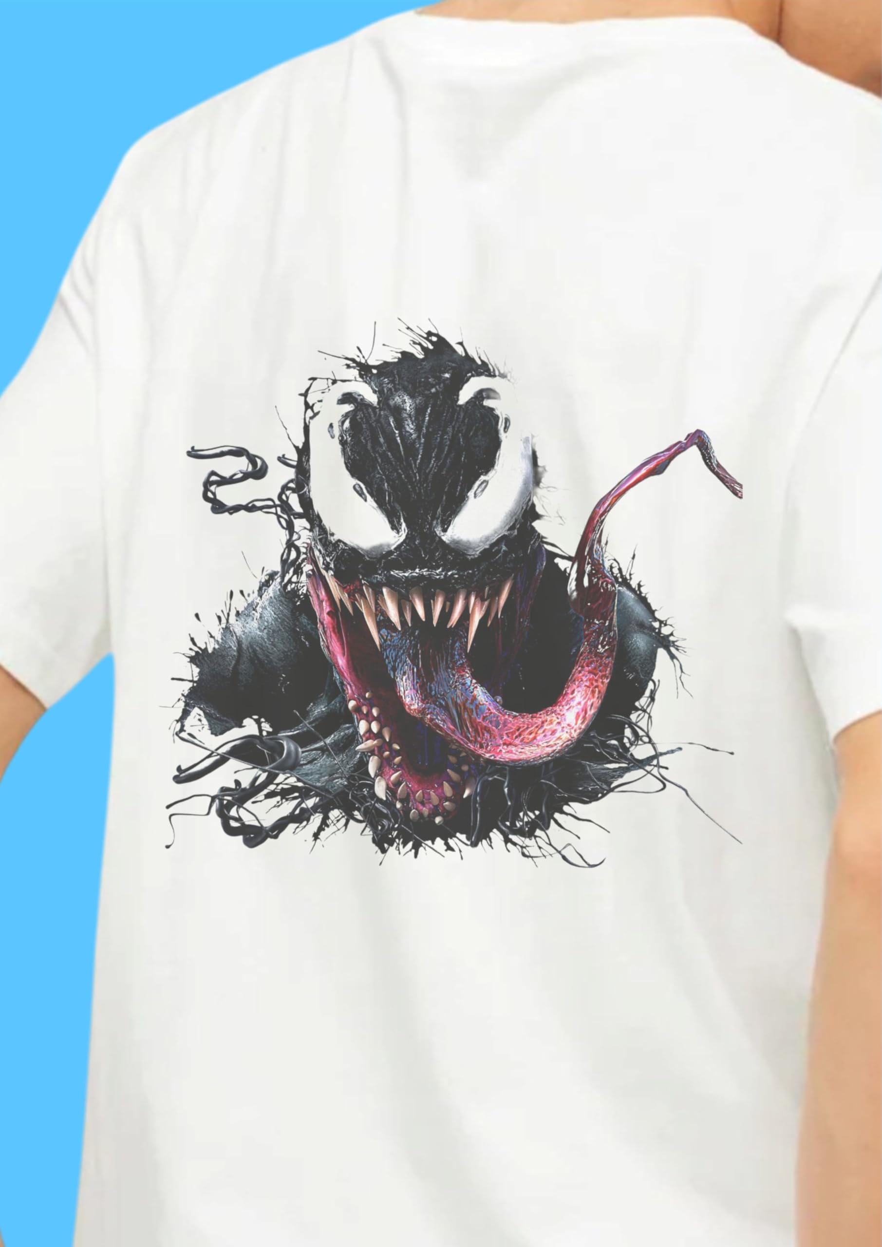 Uniplanet Store Camiseta de mezcla de algodón blanco para niños, cuello redondo, media manga, ajuste regular con estampado Venom Anime en la espalda, elegante camiseta casual para jóvenes fanáticos