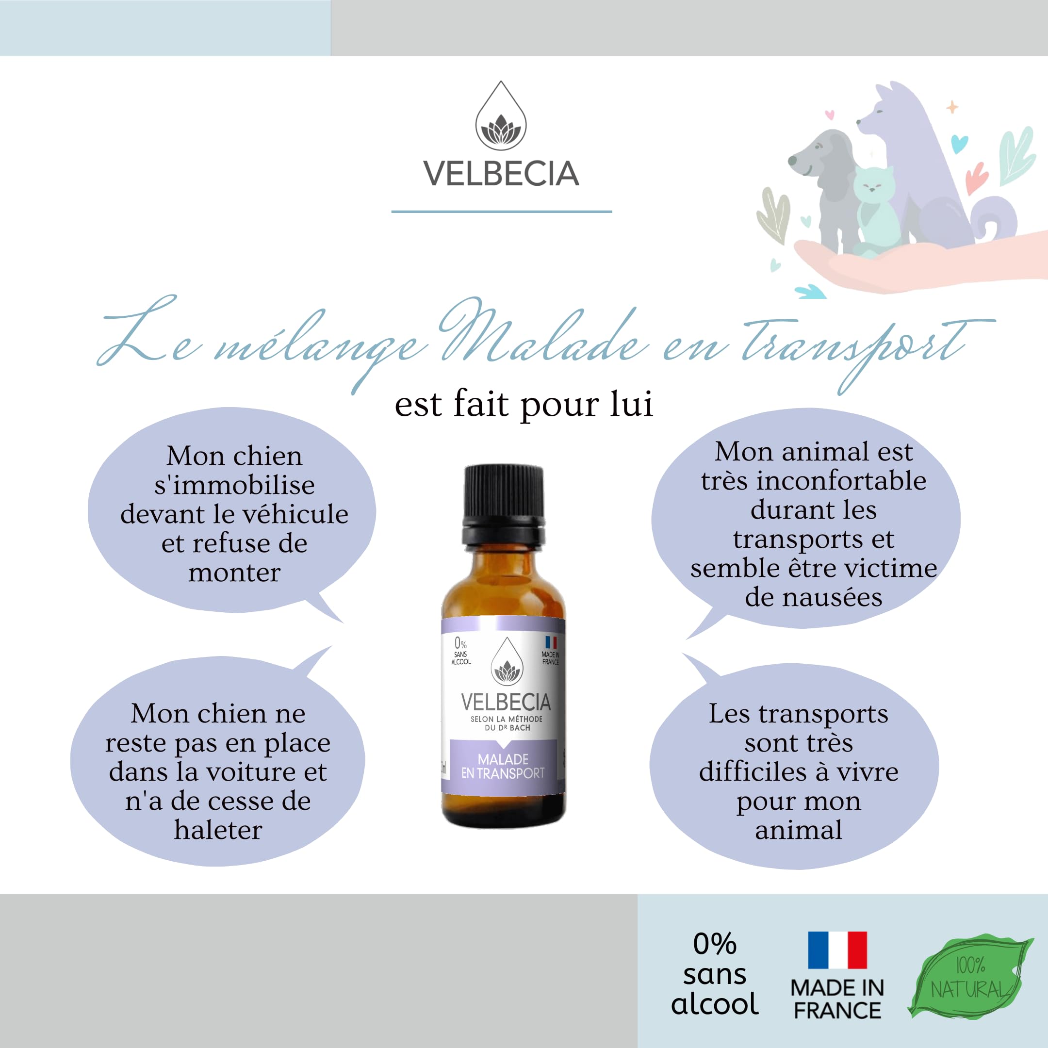 Velbecia Animal Malade en voiture 50ml +1 OFFERT Elixirs de fleurs SANS ALCOOL - Méthode du Dr Bach - Voyager plus sereinement, transport paisible, apaisé, chat, chien