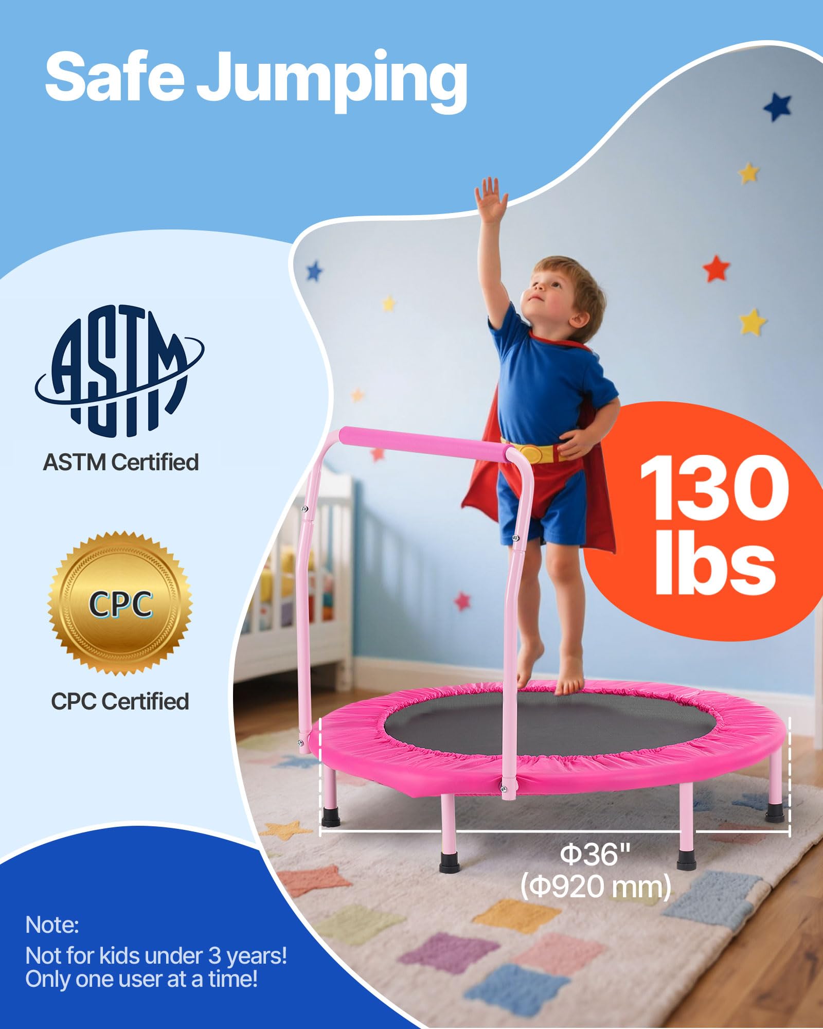 VEVOR Mini Trampoline Pliable pour Enfant, 955 x 750 mm, Fitness rebounder pour Tout-Petits avec poignée, Cadeau d'anniversaire pour Enfants de 3 Ans et Plus, garçons et Filles pour s'amuser, Rose