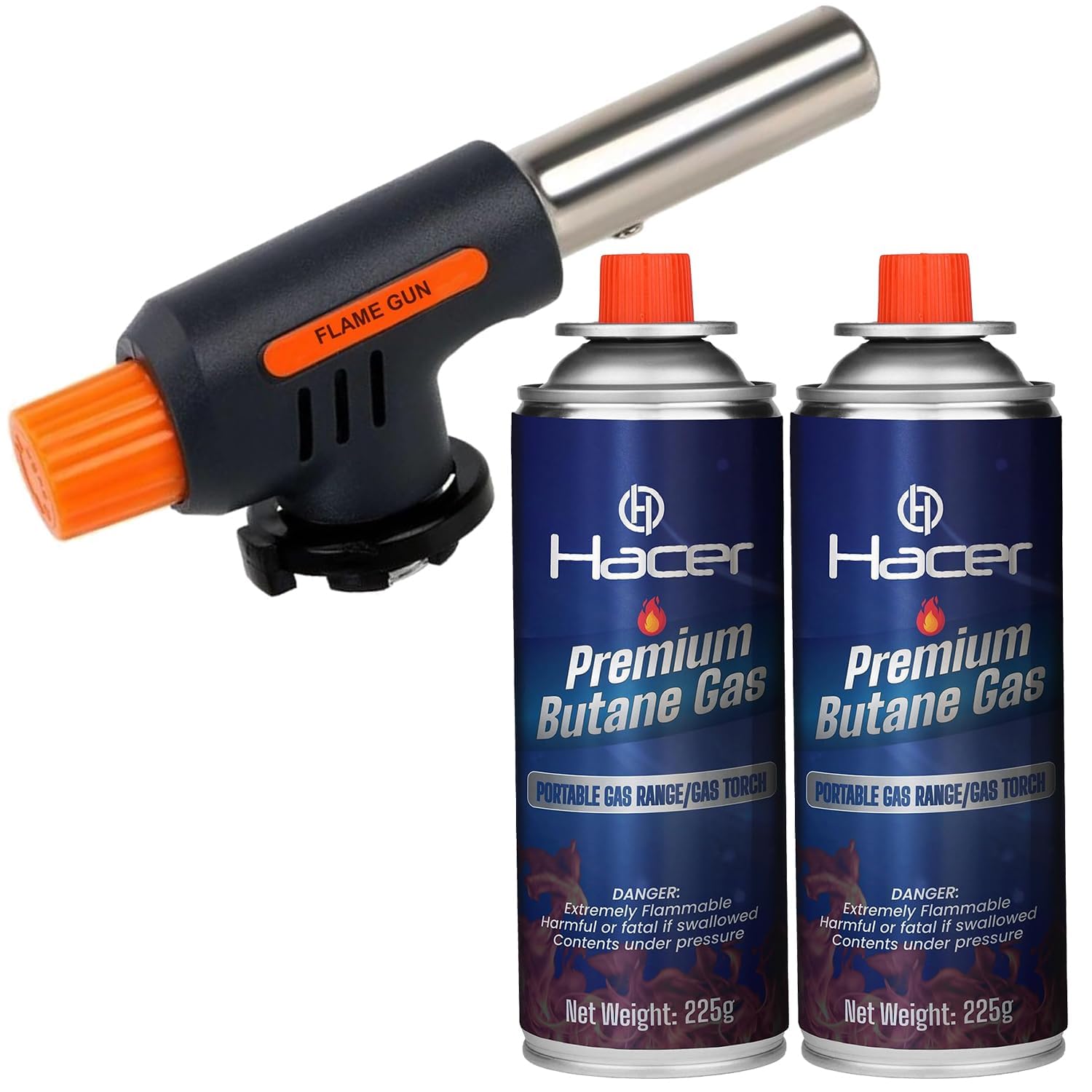 HACER Automatic Camping Blowtorch with 2 Butane Gas Canister Welding Fire Gun Multi-Functional Handheld Soldering Torch Adjustable Flame Kitchen Lighter for Outdoor Use Cooking & Welding