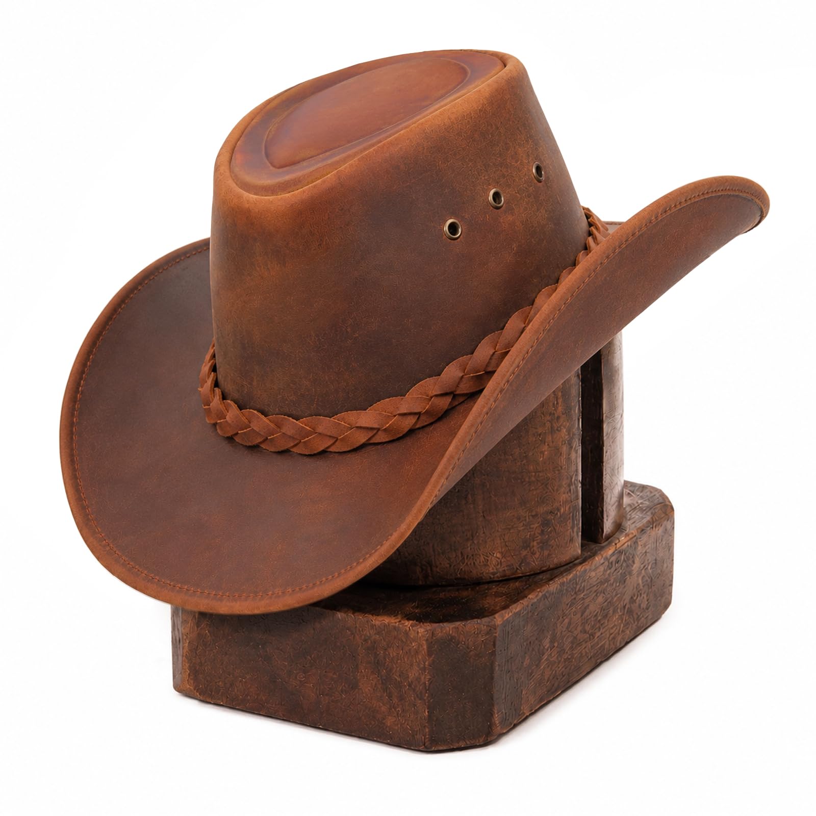 Pamposh Sombrero de vaquero de cuero para hombre, hecho a mano, moldeable, de ala ancha, duradero, sombrero de vaquera