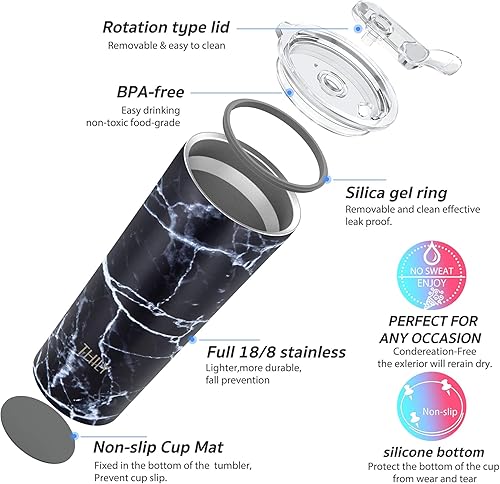 Miniatura 4 de THILY Vaso de viaje de acero inoxidable aislado al vacío, taza de café de 26 onzas con 2 tapas y popotes, a prueba de salpicaduras, mantiene las