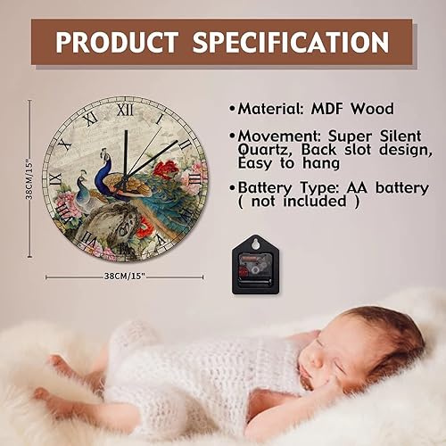 Miniatura 6 de Reloj de pared romántico vintage de pavo real asiático, pájaros de pavo real, animales, flores, redondo, funciona con pilas, reloj analógico