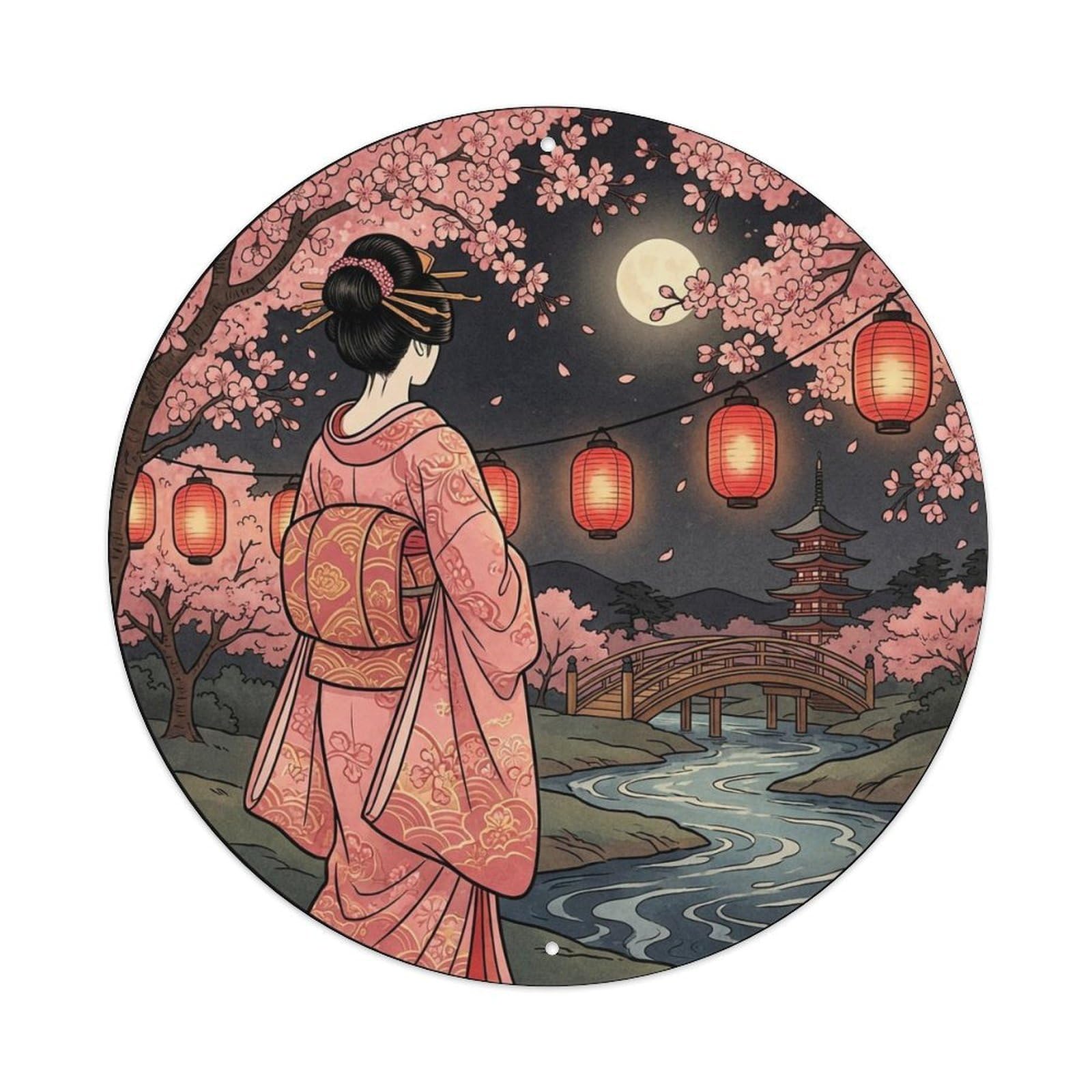 Yrnq 8X8inch Vintage Style Japanese Kimono Lady Night Cherry Lantern Picturesque Motif Metal Tin Sign