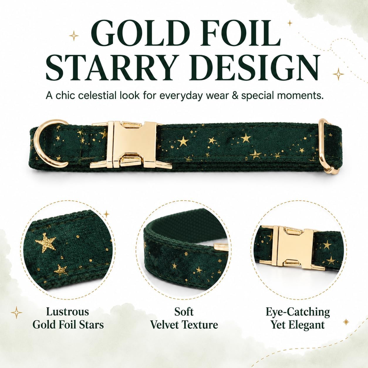 Velvet Dog Collar - Star Print Adjustable Collar with Metal Buckle image 5